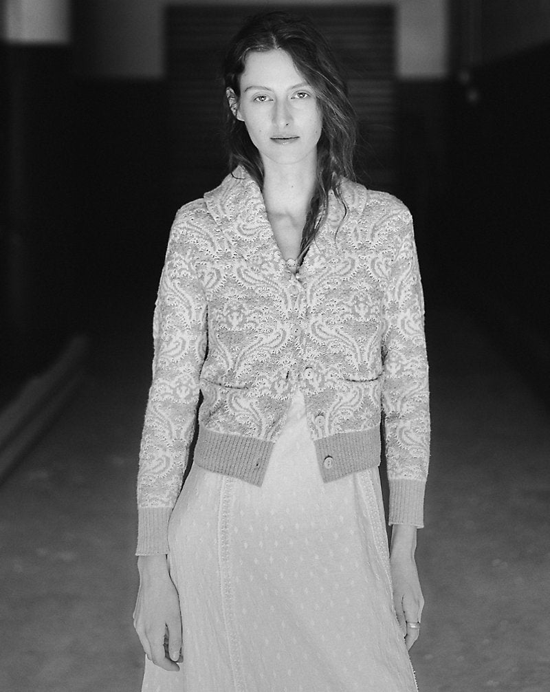 Cardigan in maglia jacquard a fiori — Naturale/Panna