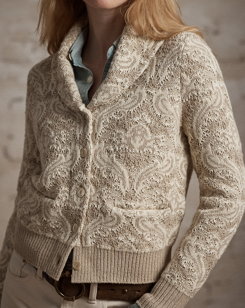 Cardigan in maglia jacquard a fiori — Naturale/Panna