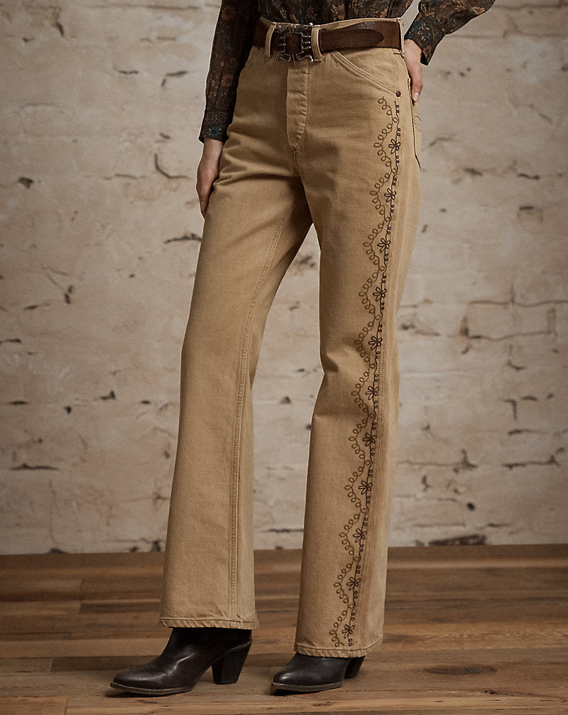 Jeans bootcut color cuoio ricamati — Color cuoio lavato