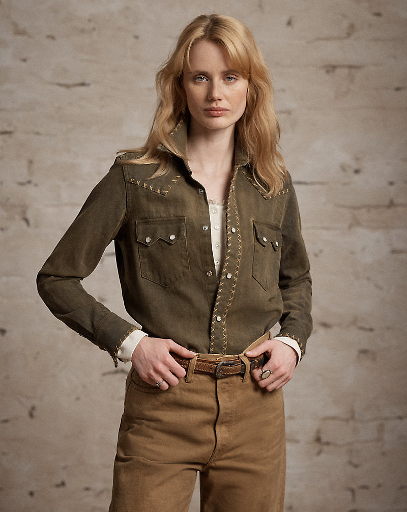 Camicia western in denim marrone lavato — Marrone lavato