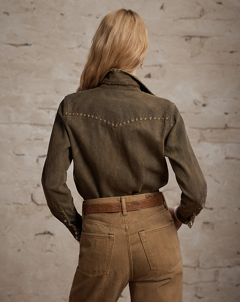 Camicia western in denim marrone lavato — Marrone lavato