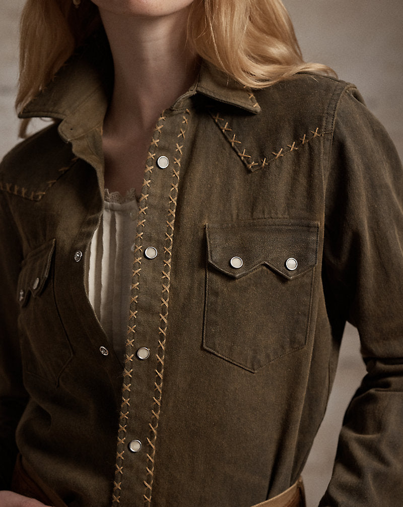 Camicia western in denim marrone lavato — Marrone lavato