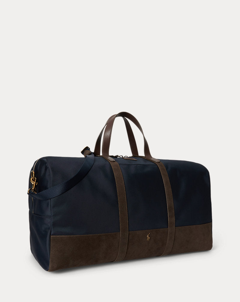 Borsone con finiture in camoscio — Blu navy Newport/Marrone