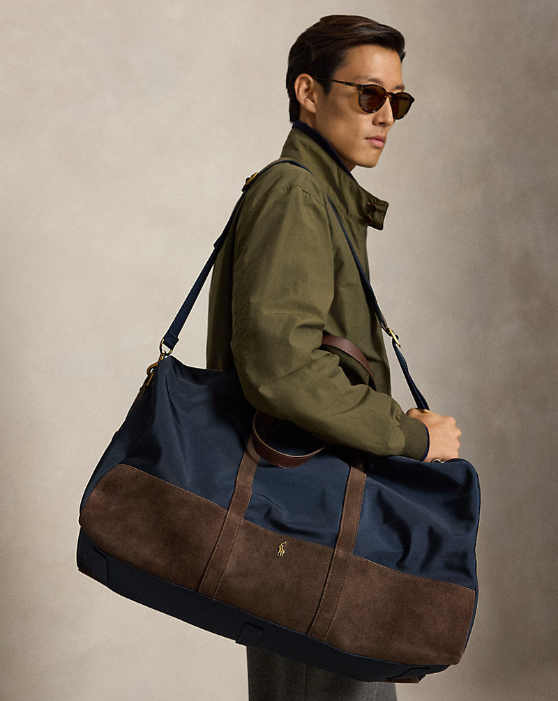 Borsone con finiture in camoscio — Blu navy Newport/Marrone