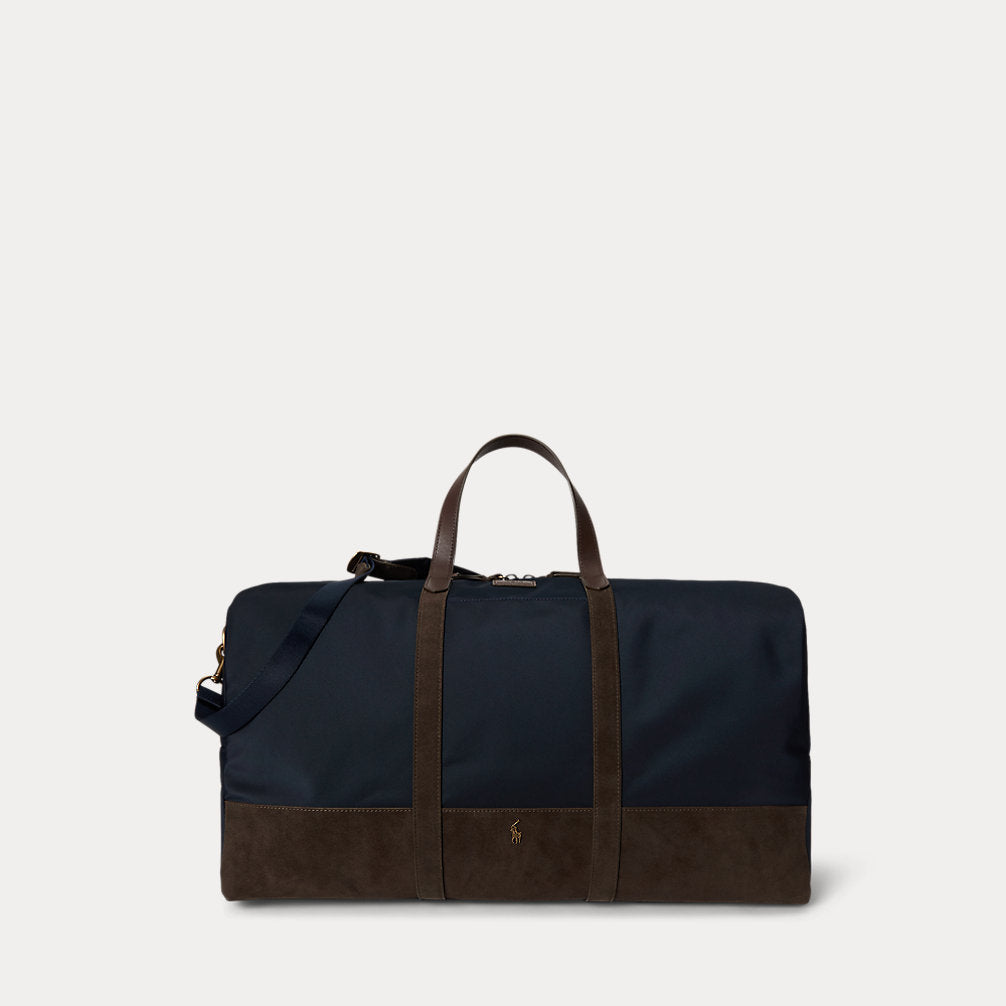 Borsone con finiture in camoscio — Blu navy Newport/Marrone