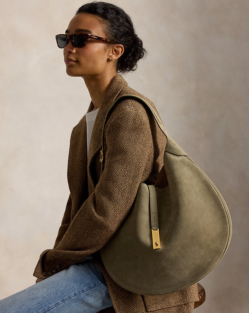 Borsa Shoulder Polo ID grande camoscio — Verde oliva chiaro