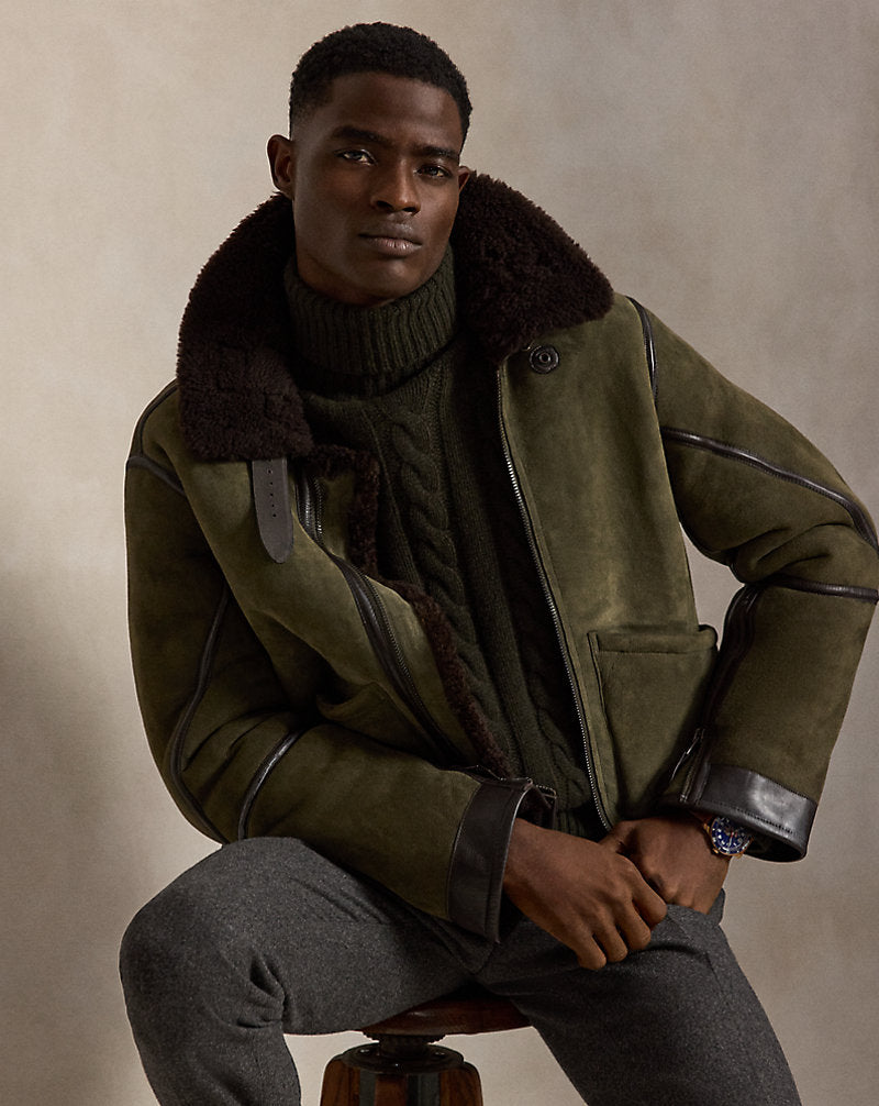 Giacca da aviatore in shearling — Verde mirto/Marrone scuro