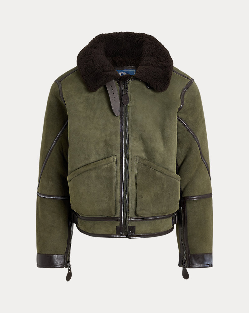 Giacca da aviatore in shearling — Verde mirto/Marrone scuro