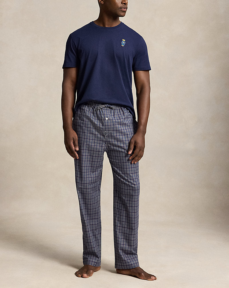 Pigiama Polo Bear scozzese in cotone — Blu navy/Marrone