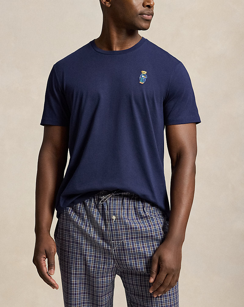 Pigiama Polo Bear scozzese in cotone — Blu navy/Marrone