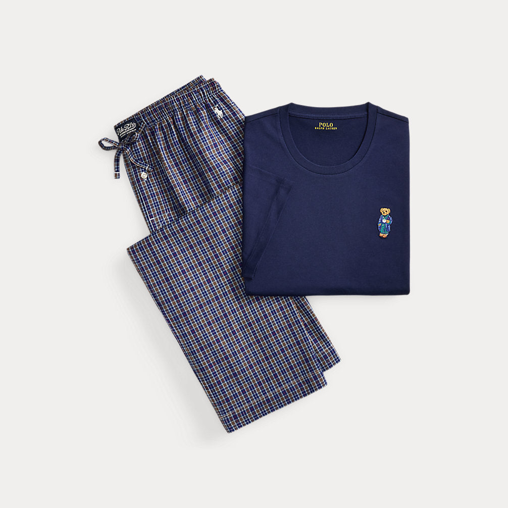 Pigiama Polo Bear scozzese in cotone — Blu navy/Marrone