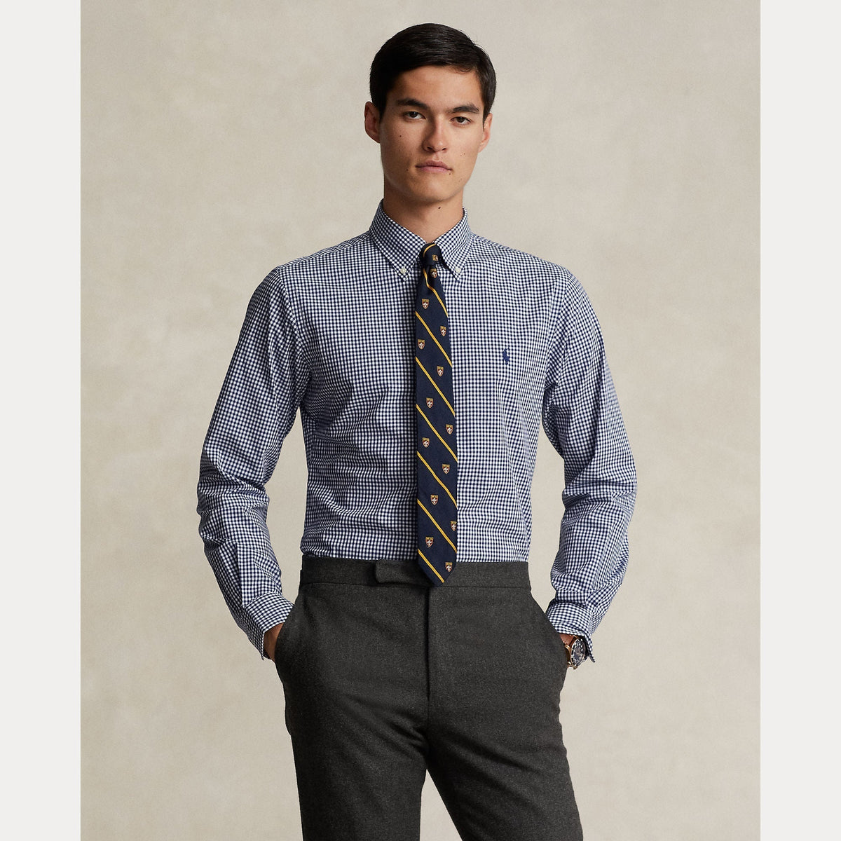CUSTOM FIT GINGHAM STRETCH POPLIN SHIRT
